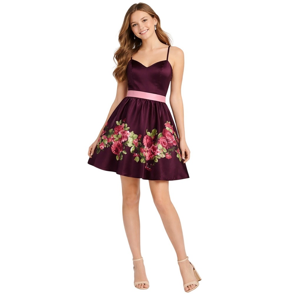 Teeze Me Floral‎ Satin Cocktail Dress Juniors Size 0 Purple Pink Fit Flare Party